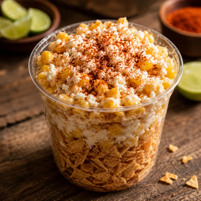 DoriElote: elote en vaso sobre chips estilo nachos triturados