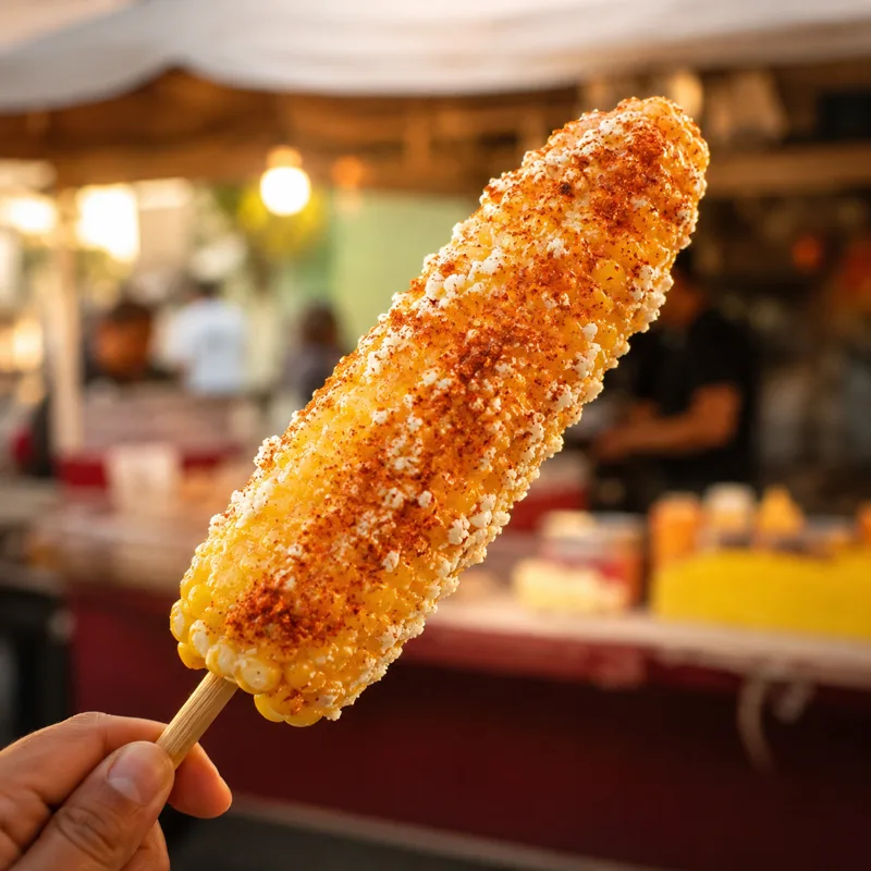 Elote entero con palo, mantequilla, queso cotija y chile