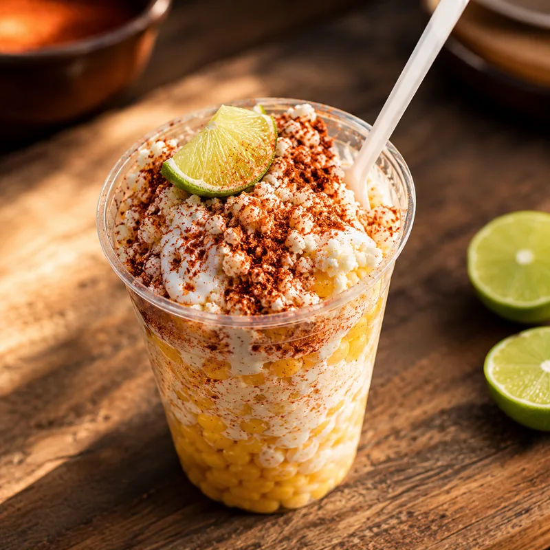 Elote en vaso con crema, queso cotija, chile piquín y limón