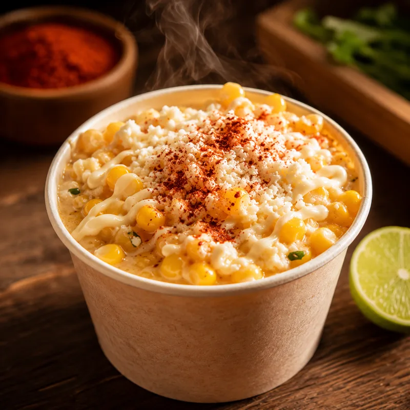 Esquites cremosos con epazote, mayonesa, queso y chile
