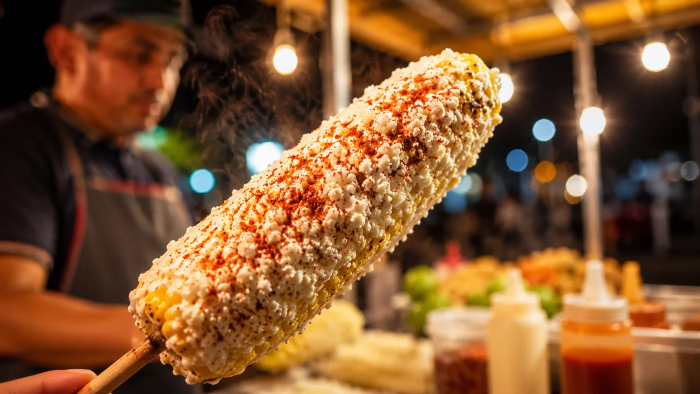 Elote asado bañado en crema, queso cotija y chile piquín